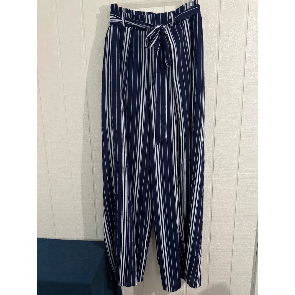 Favlux Fashion Navy White Striped 2 Piece Set Halter Crop Top Wide Leg Pants L